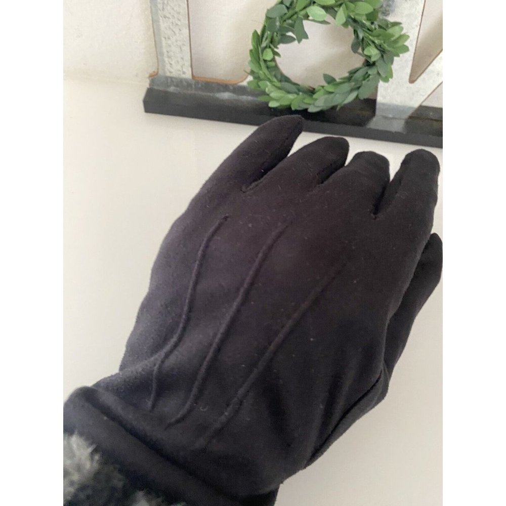 Vintage XS  Women's Faux Fur‎ Trim Gloves Winter Warm Black Gray Animal Print 2 - Picture 3 of 16